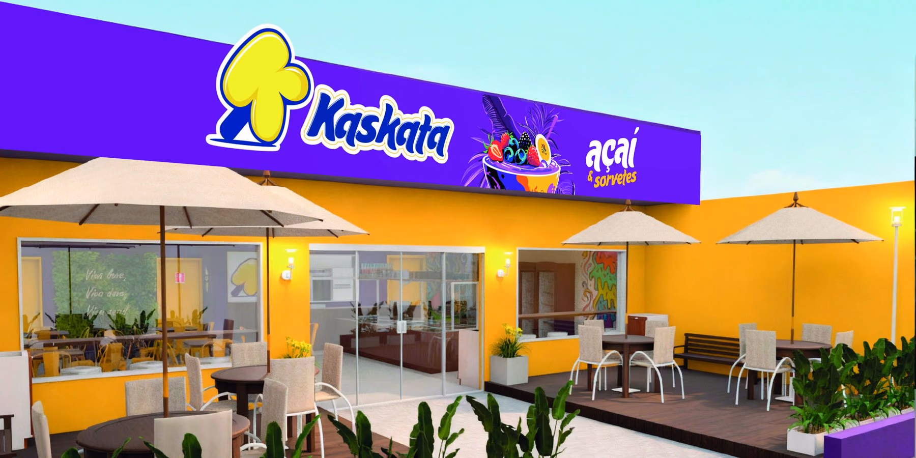 Projeto da fachada da loja Kaskata açaí e sorvetes, com varanda e guarda-sóis