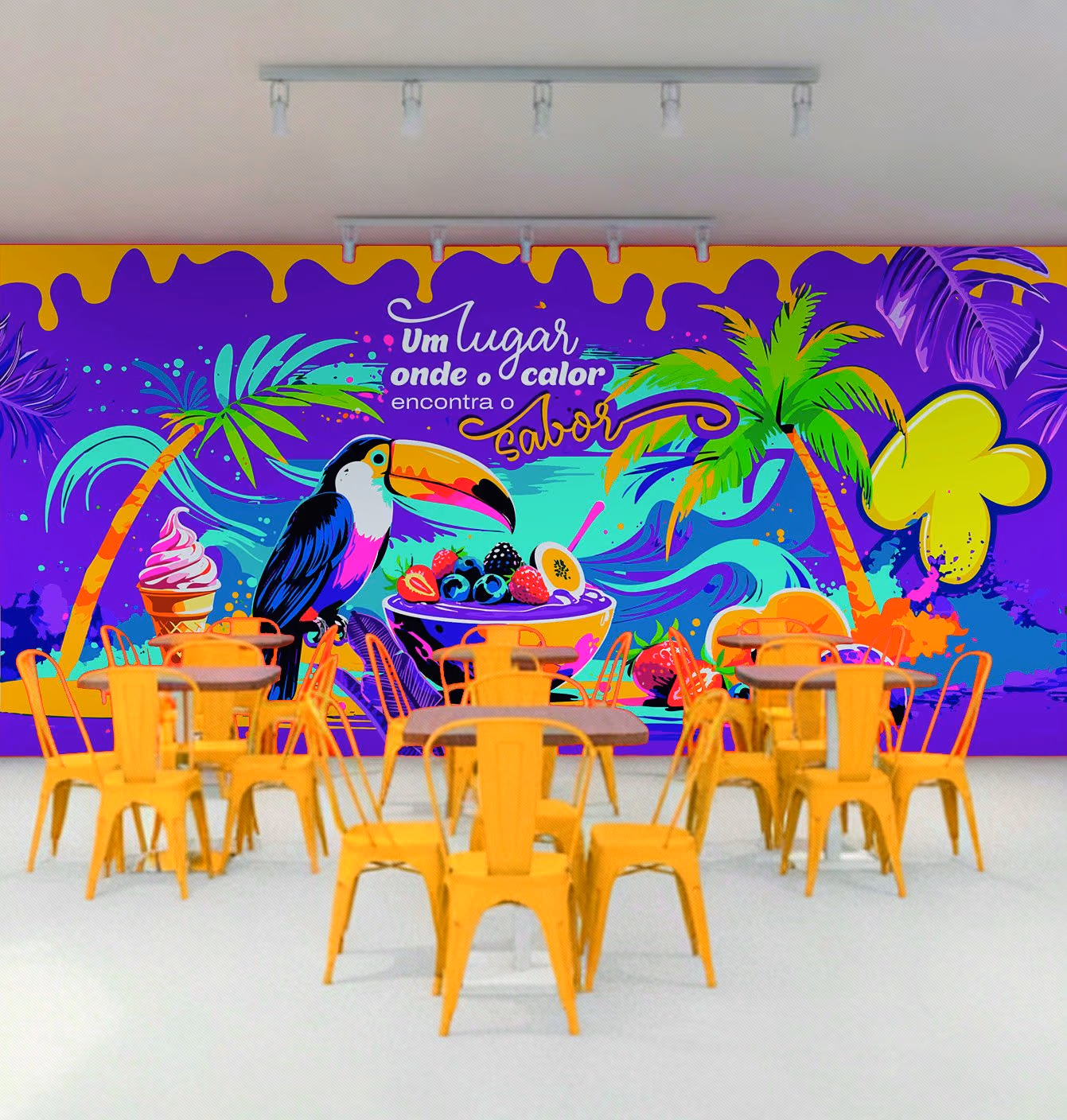 Parede com mural de tucano, frutas e sorvete
